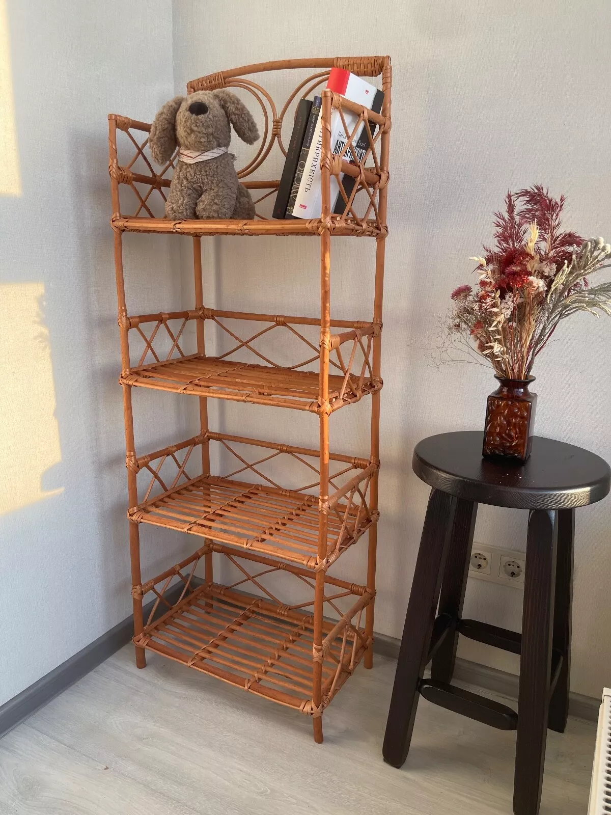 Wicker bookshelf rattan rustic shelf plant rack bo